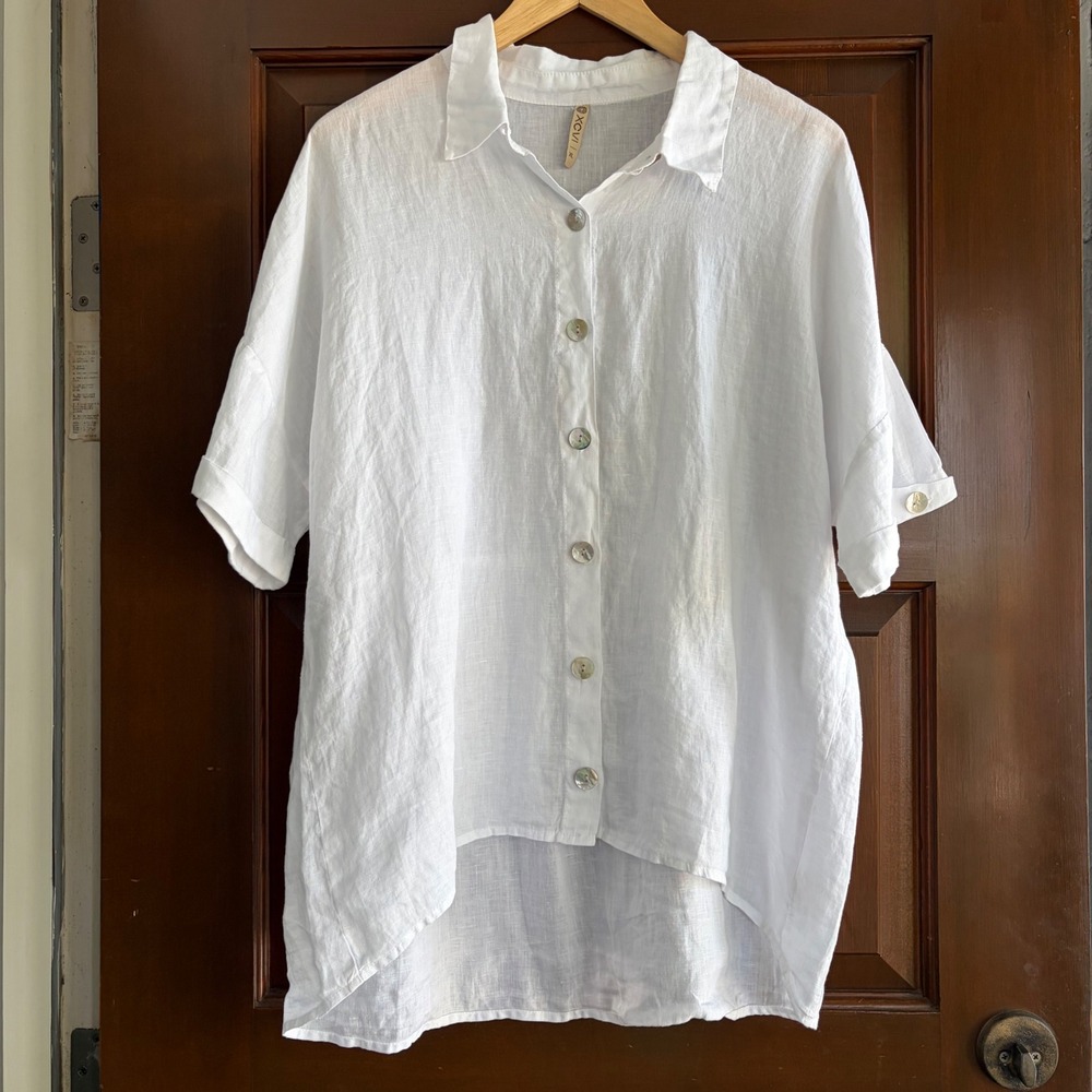 XCVI Womens White Linen Button Down Shirt High Low Short Sleeve Blouse XL